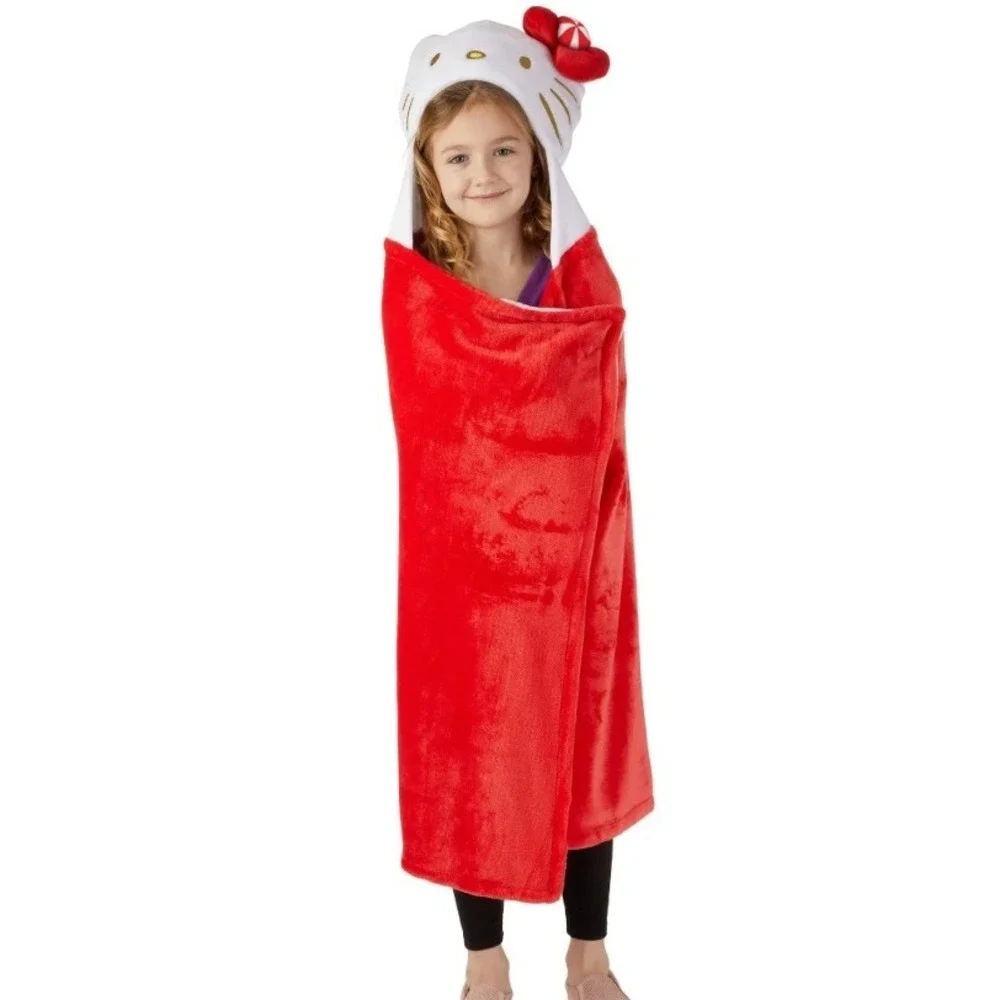 Hello Kitty Hooded Throw Blanket Red Peppermint Bow Kids Wearable‎ Plush 30x50